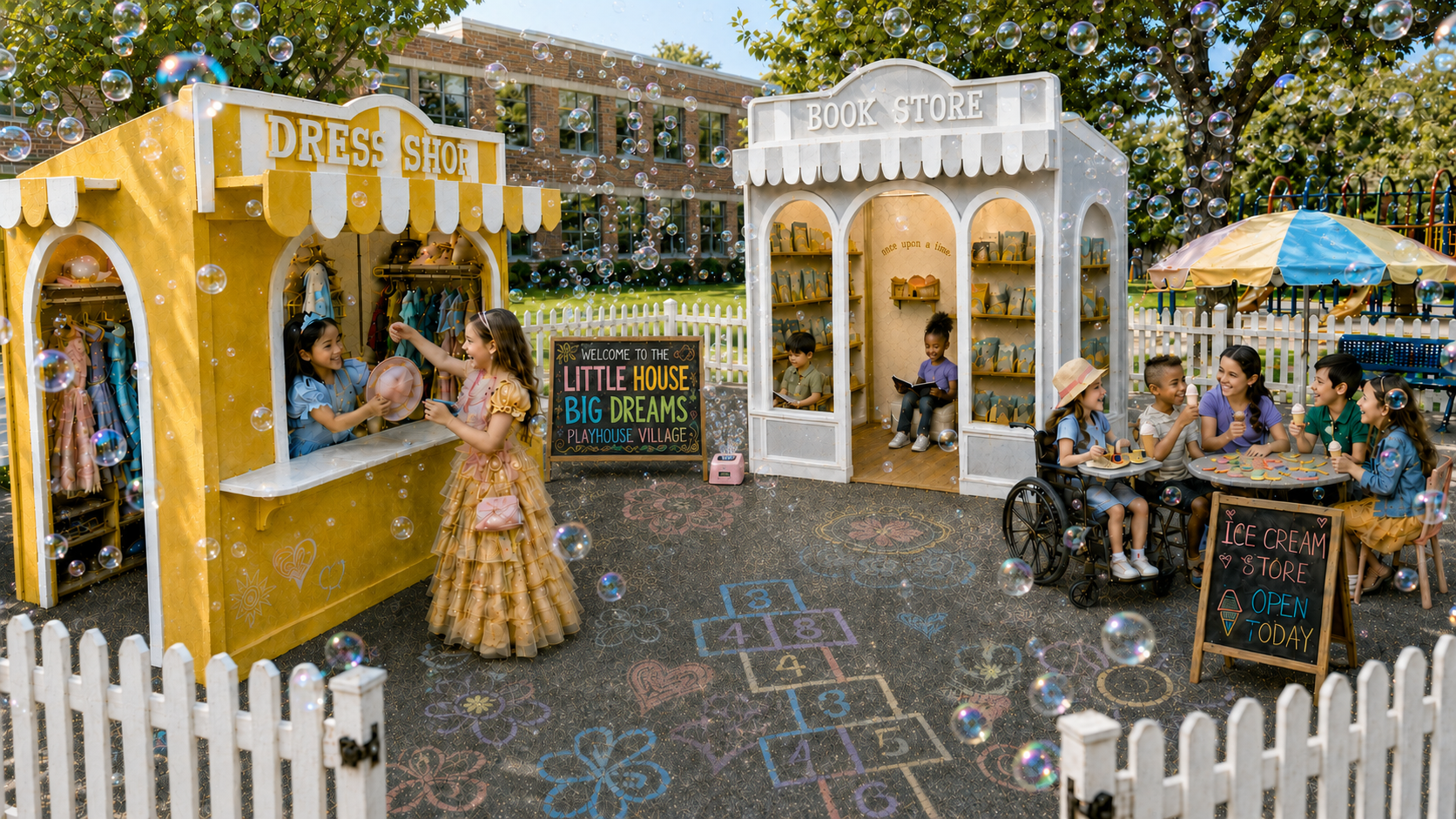 Children playing among bubbles at the Dress Shop and Book Store playhouses, with kids sharing ice cream nearby including a child in a wheelchair