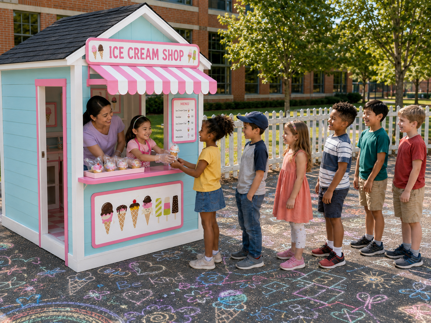 Children lined up at the Little Ice Cream Shop playhouse while a volunteer and a child serve cones from the window