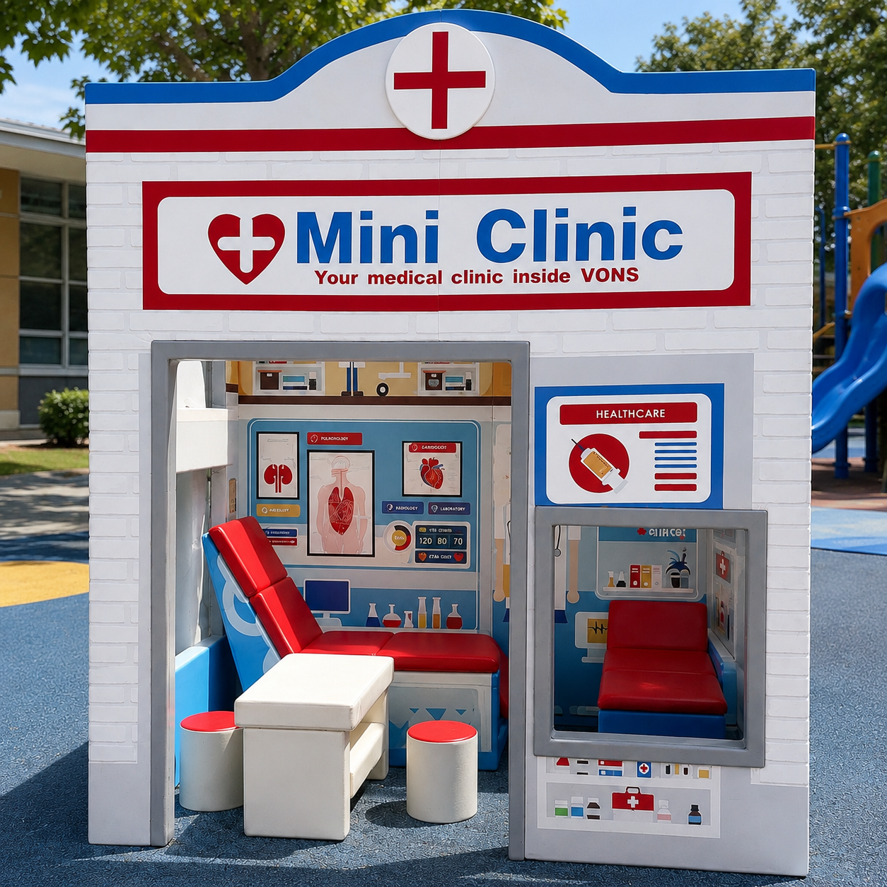 Mini Clinic playhouse with exam table, stools and medical wall charts