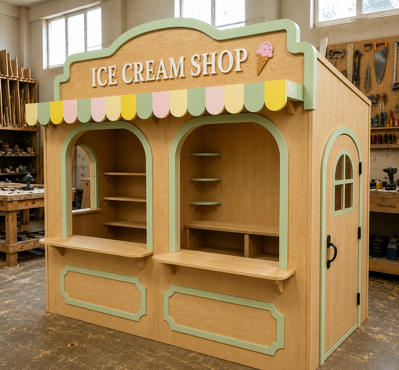 Ice Cream Shop playhouse with pastel awning and shelves