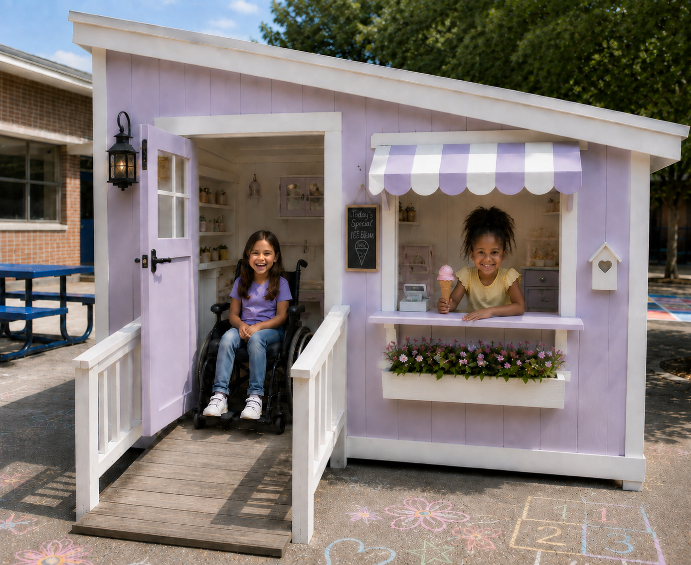 Lavender ice cream shop playhouse with wheelchair ramp, a child in a wheelchair inside and a child at the serving window